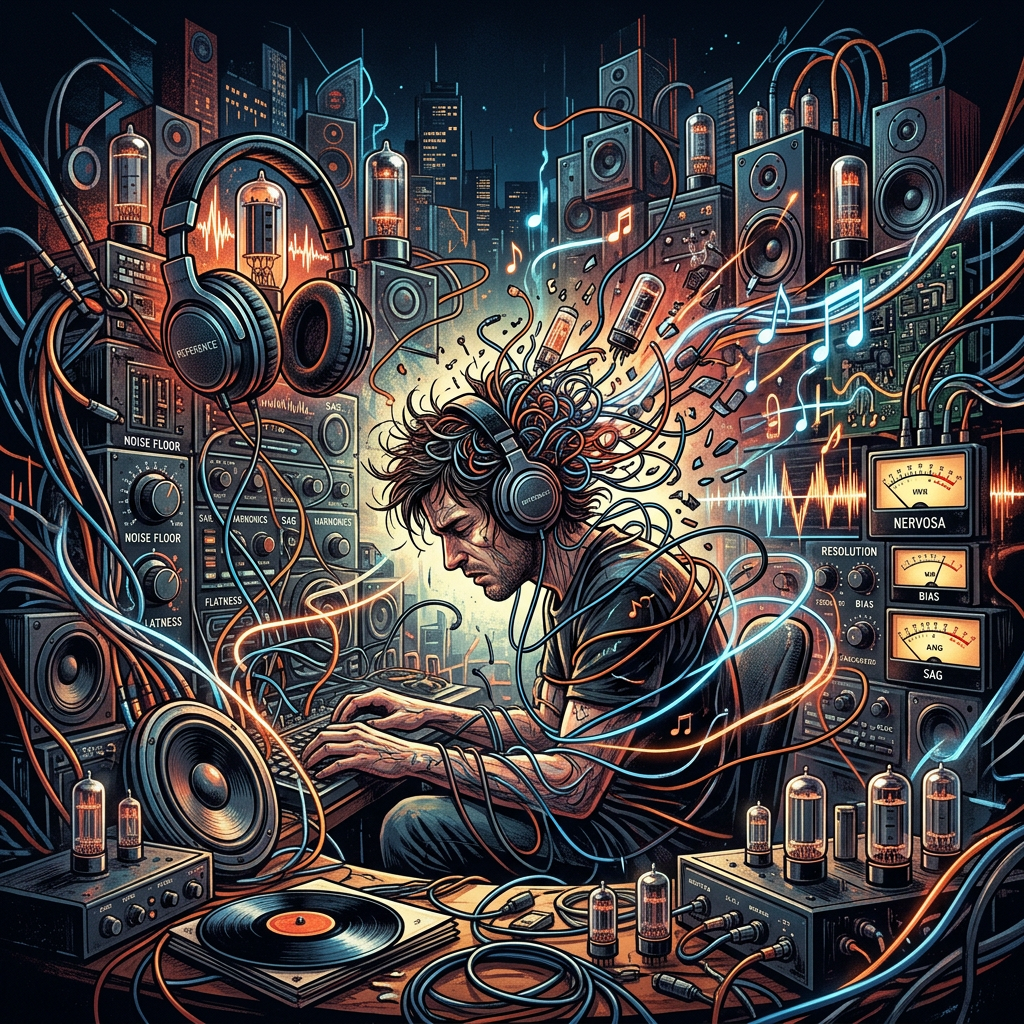 Musician in headphones working at a keyboard amidst dense audio gear and glowing cables