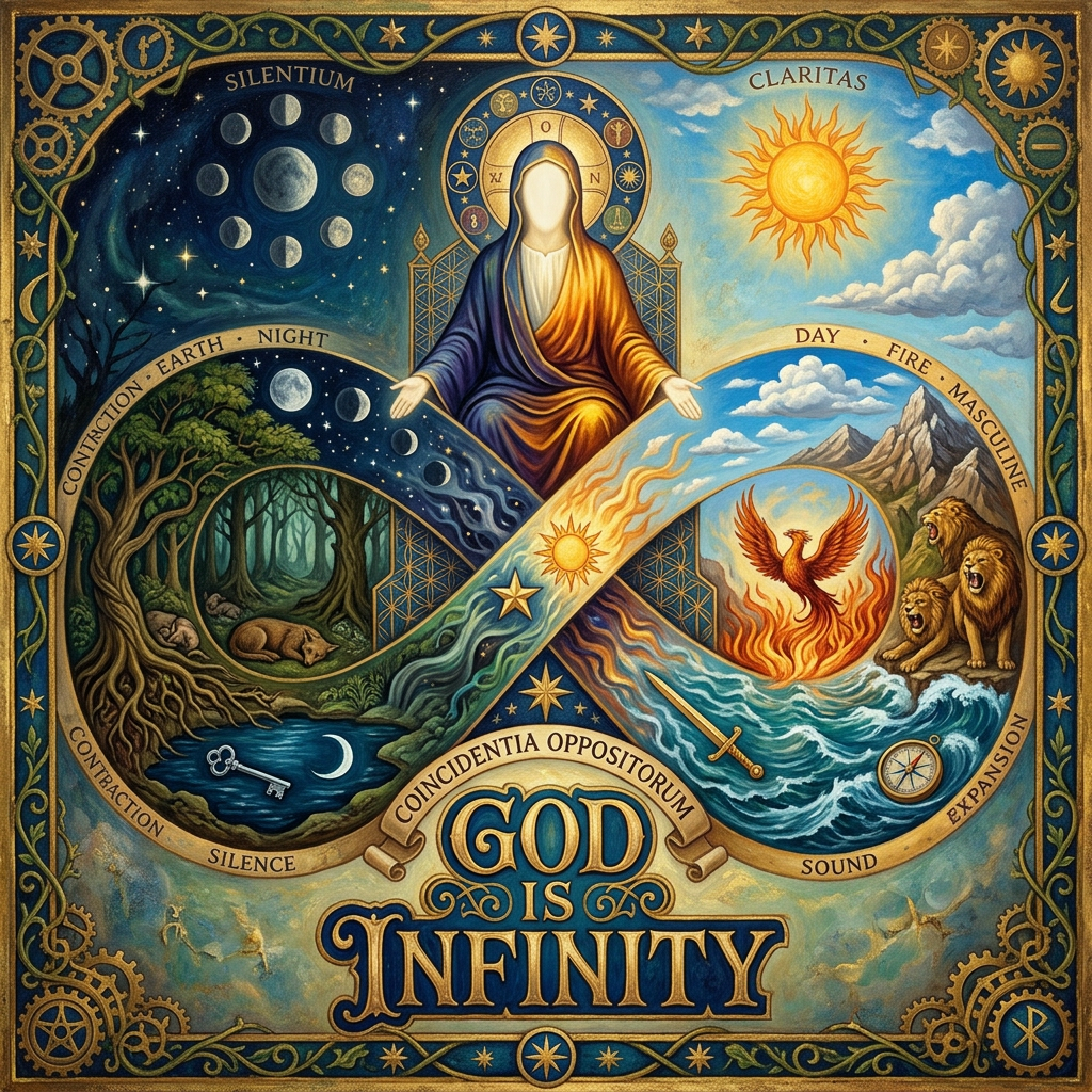 A symbolic infinity loop with night and day elements, a faceless robed figure in the center, and the phrase 'God is Infinity'