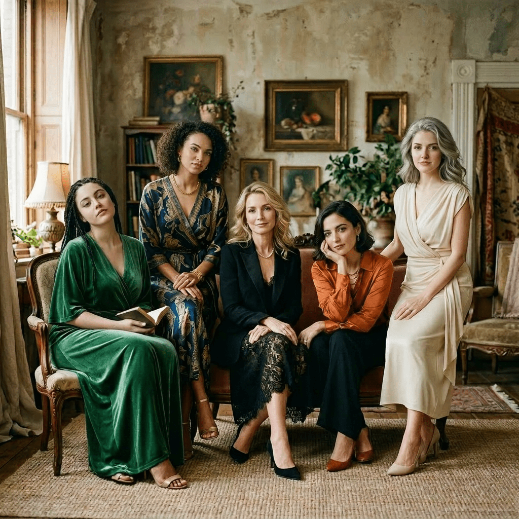 Five women dressed elegantly sitting and standing in a vintage room with paintings and plants