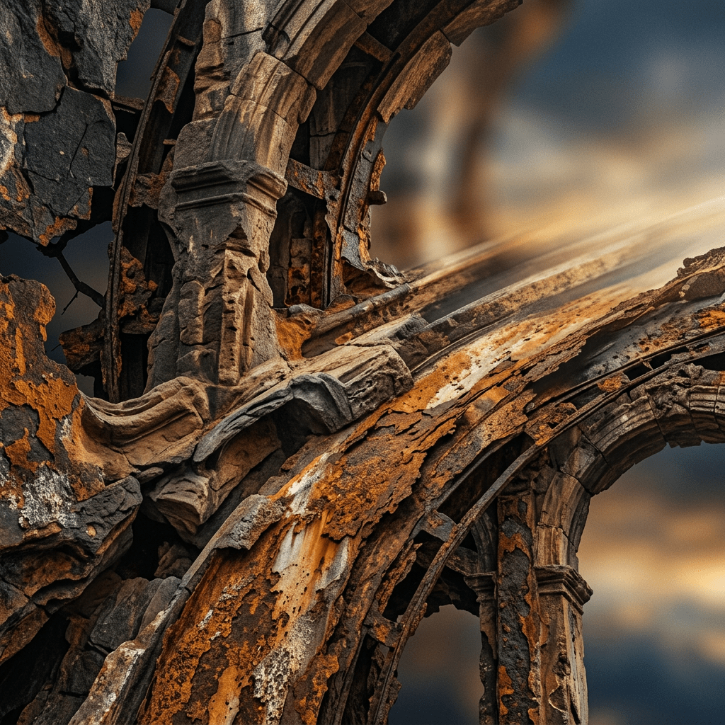 Weathered stone arch with rusted metal supports and decay