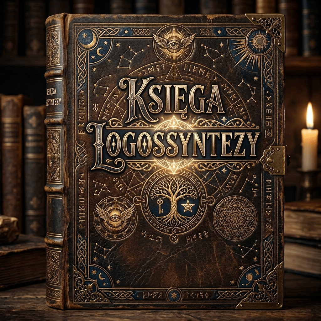 Ornate book cover titled 'Księga Logossyntezy' with mystical symbols and golden decorations