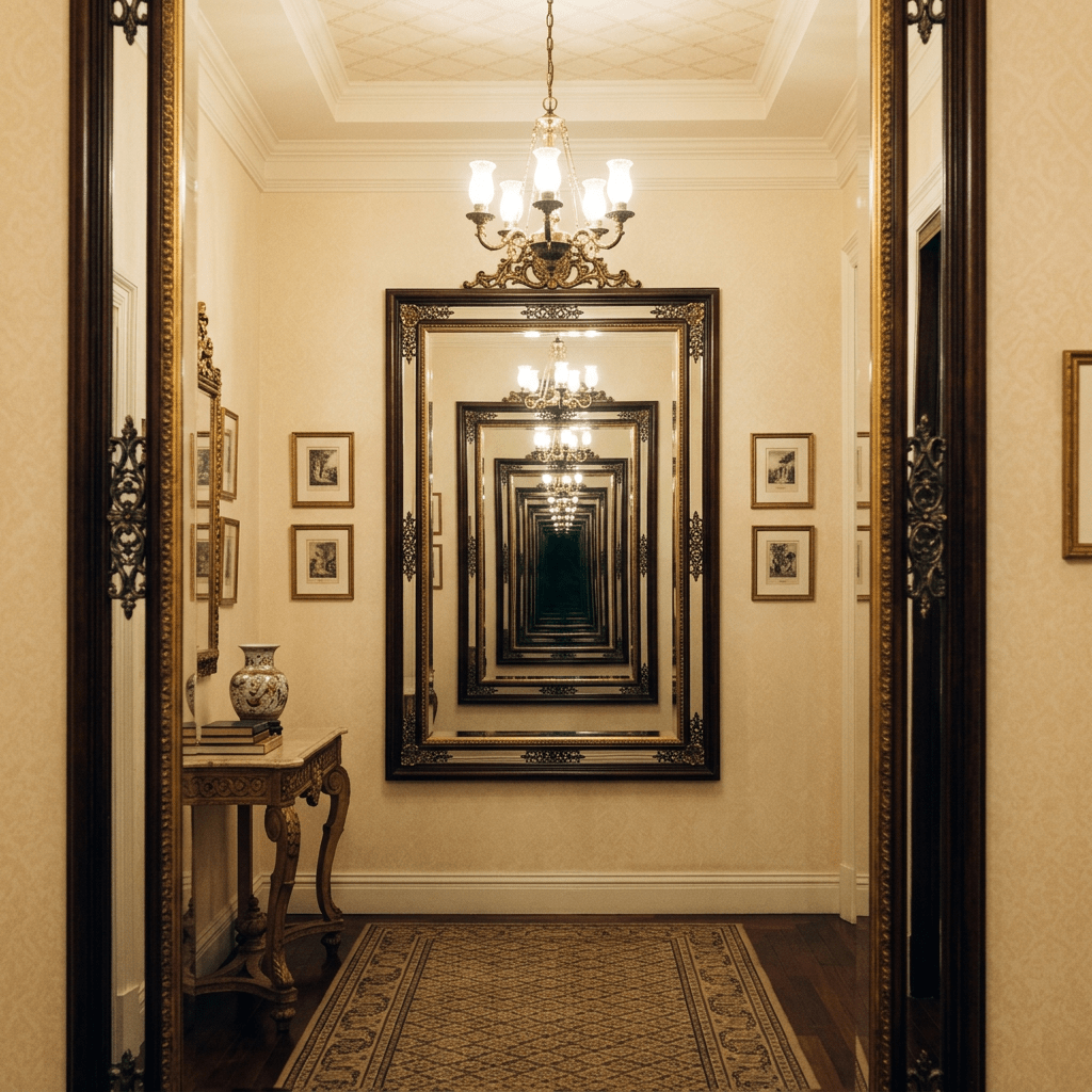 Hallway with large ornate mirror creating infinite reflection of chandeliers and framed artwork
