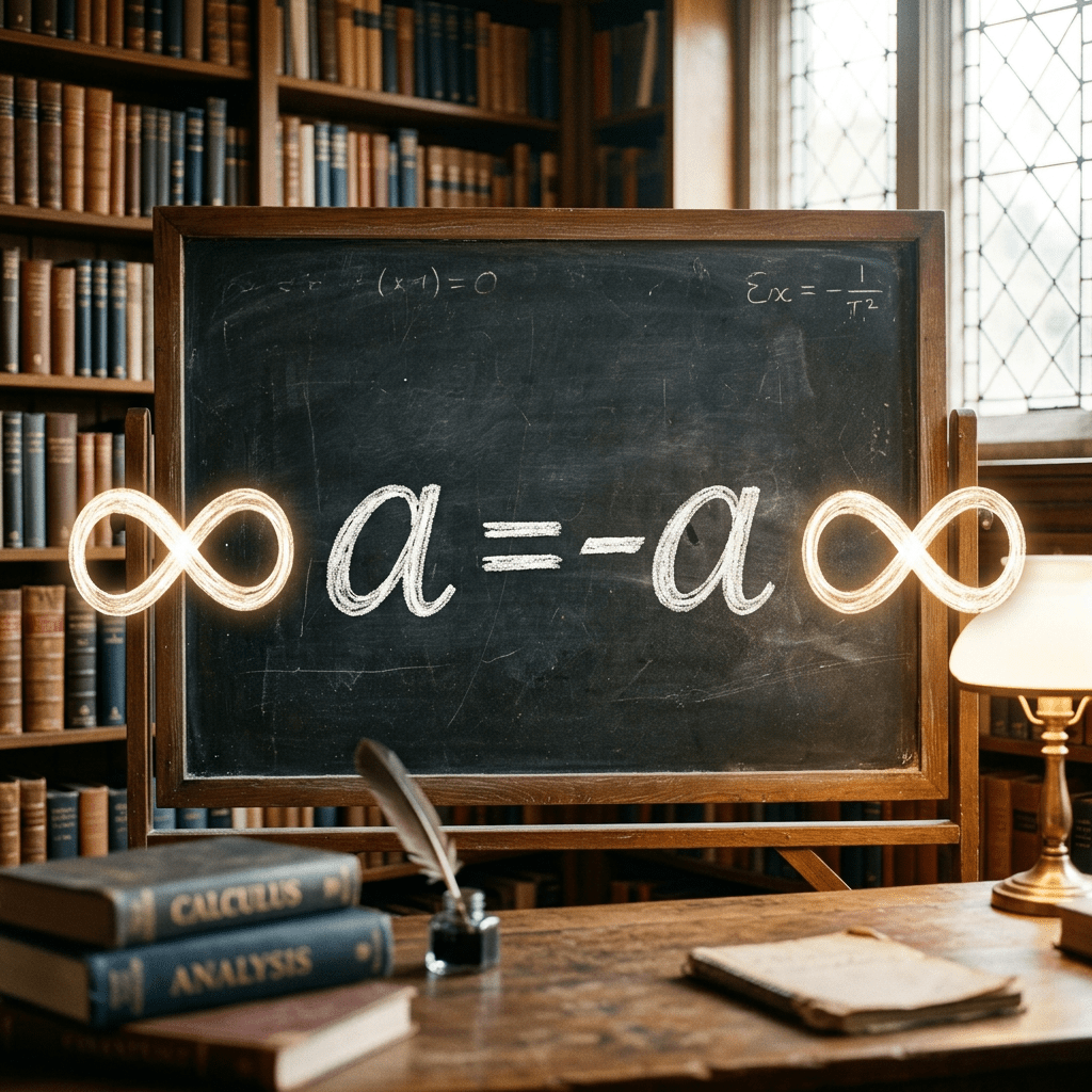 Chalkboard with equation a = -a flanked by illuminated infinity symbols