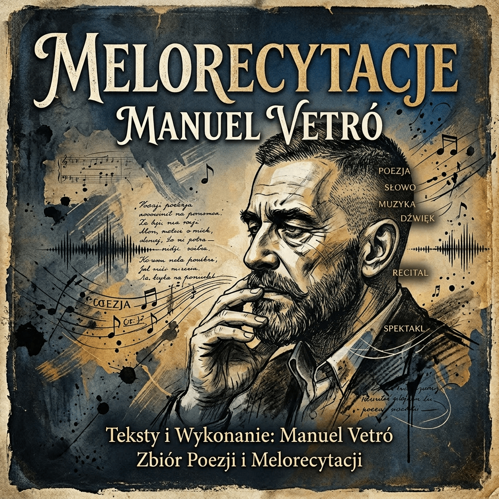 Sketch of a man in deep thought with musical notes and Polish text about poetry and performance