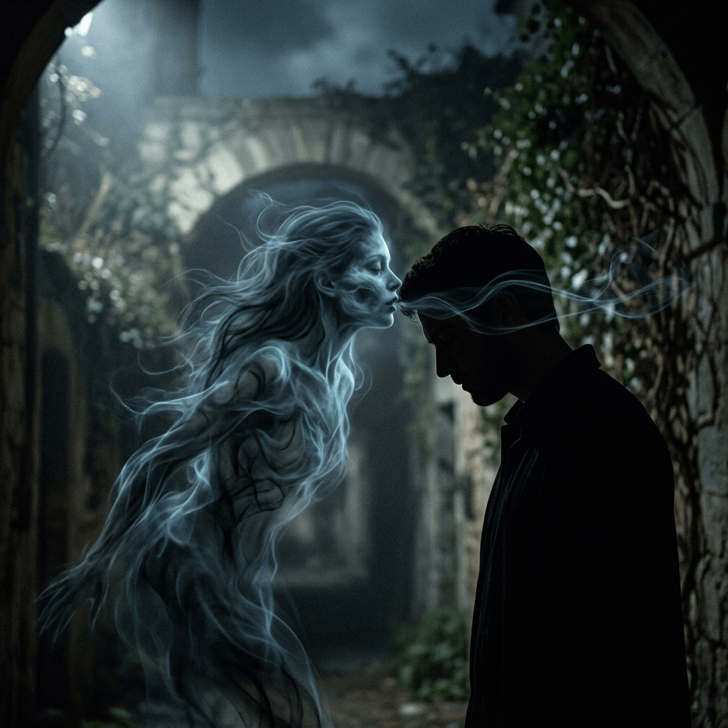 Ethereal female spirit touching forehead of a man in shadowy alley