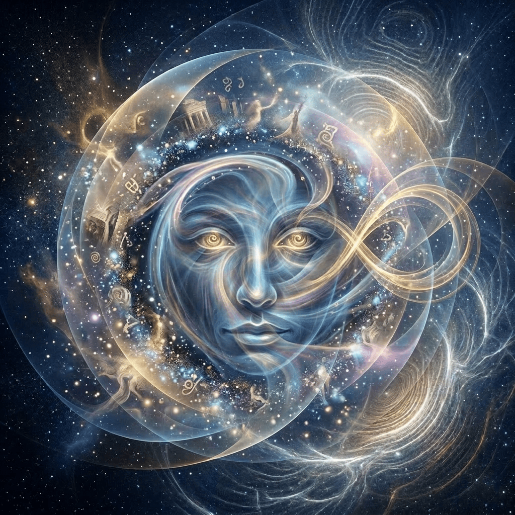 Swirling clock face with numbers and zodiac symbols in a cosmic space background